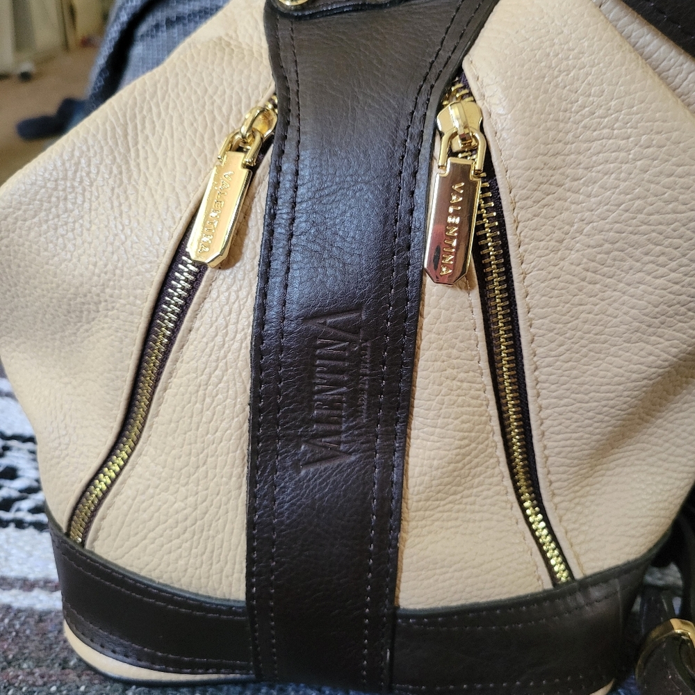 Valentina Beige and Dark Brown Leather Backpack with Gold Hardware